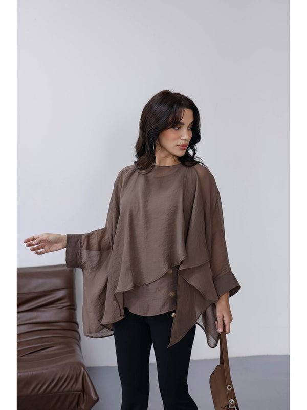Kahve Tencel Pelerin Bluz 5026-KAHVE