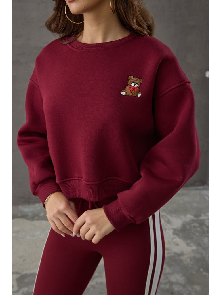 Bordo Teddy Nakış Detaylı Sweat