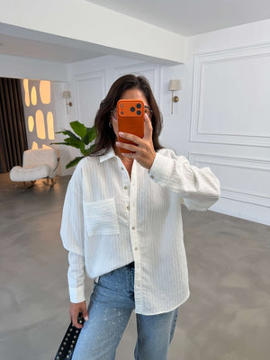Beyaz Fitilli Oversize Gömlek 5000-Beyaz