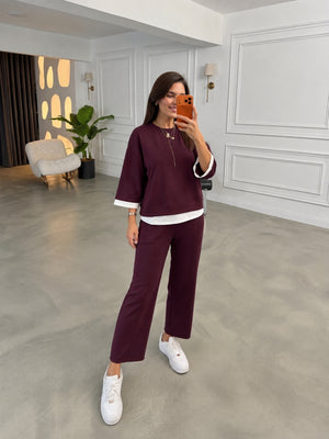 Mürdüm Eteği Garnili Sweat Takım 11950-Mürdüm