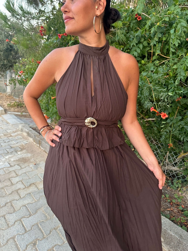 Kahverengi Halter Yaka Gold Detaylı Takım