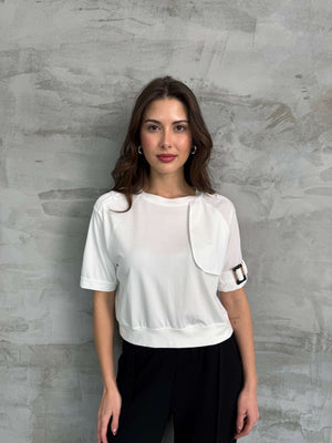 Beyaz Kolu Apolet Detaylı Tshirt