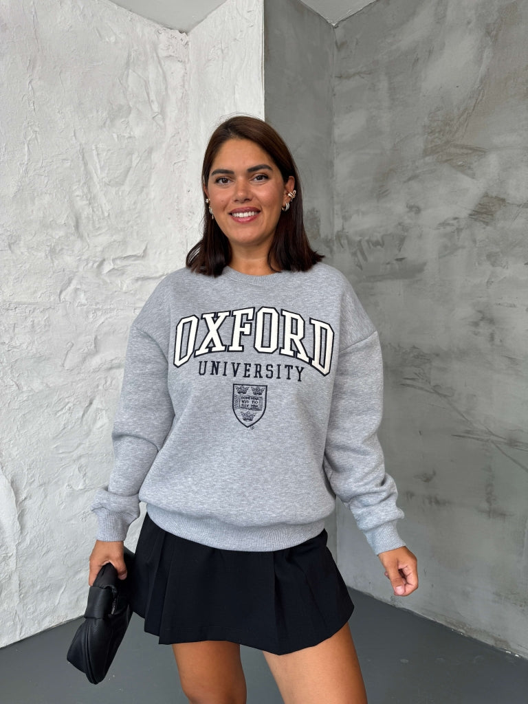 Gri Oxford Nakışlı Bisiklet Yaka Sweat