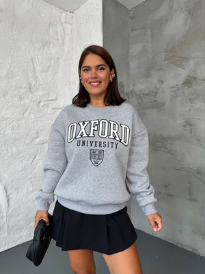 Gri Oxford Nakışlı Bisiklet Yaka Sweat