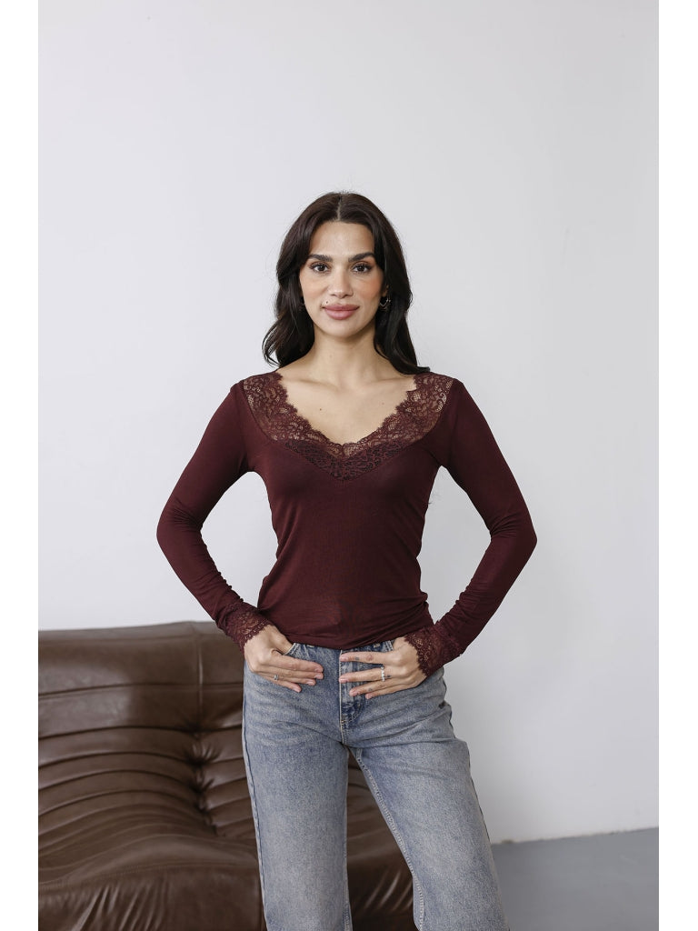 Bordo Yakası Dantelli Bluz 0407-Bordo