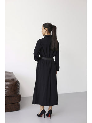 Siyah Maxi Boydan Düğmeli Kemerli Elbise 8185-Siyah