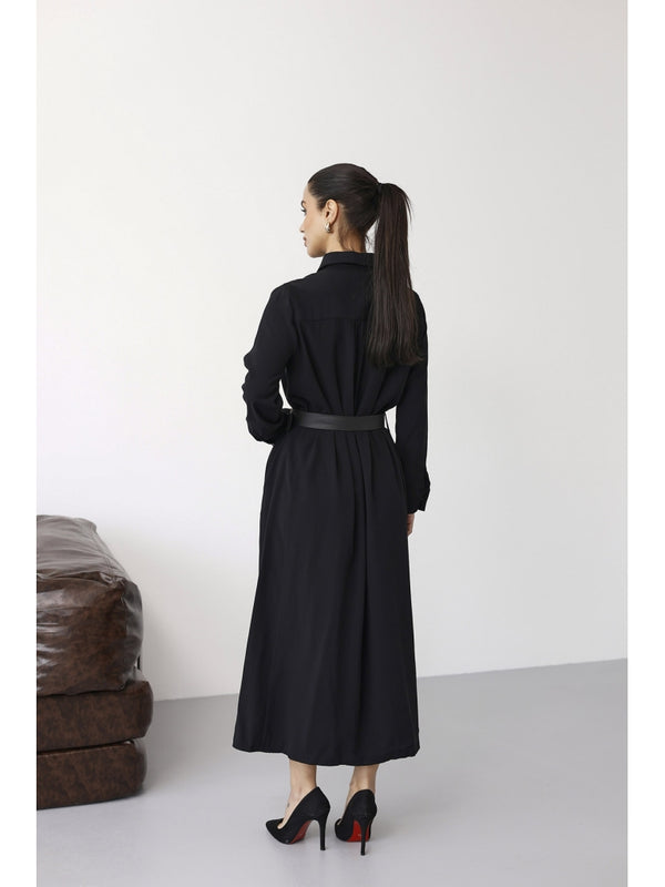 Siyah Maxi Boydan Düğmeli Kemerli Elbise 8185-Siyah