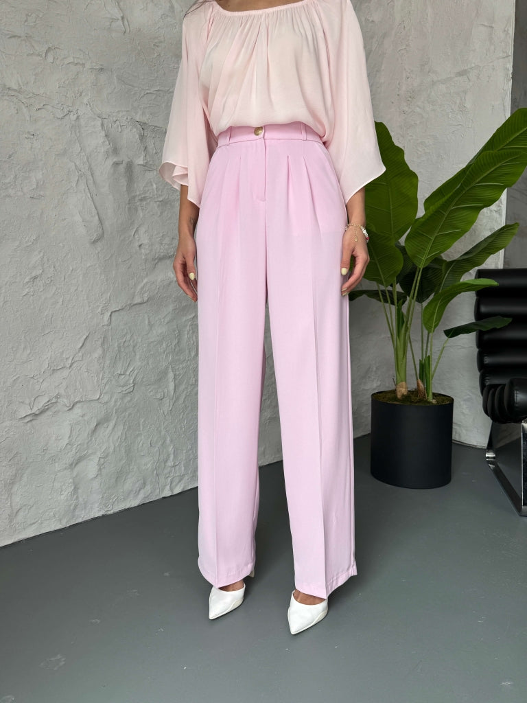 Pembe Gold Düğme Detaylı Palazzo Pantolon