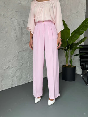Pembe Gold Düğme Detaylı Palazzo Pantolon