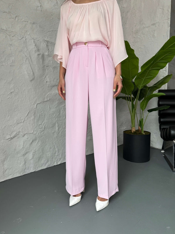 Pembe Gold Düğme Detaylı Palazzo Pantolon