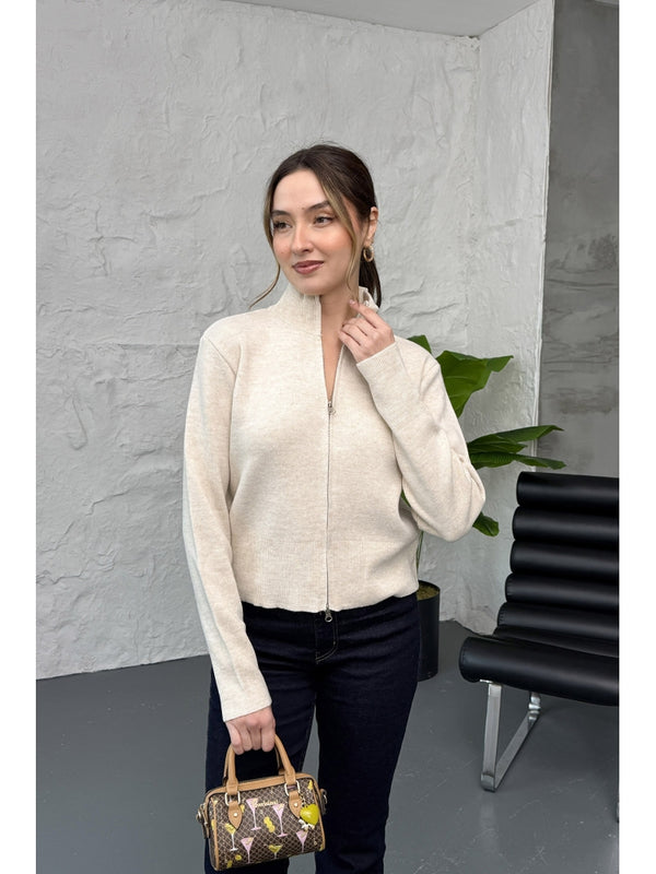 Taş Dik Yaka Fermuarlı Triko Hırka EY0009-TAŞ