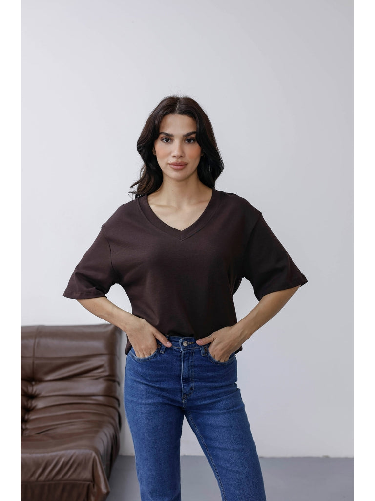 Kahverengi Orj Marka V Yaka Tshirt 6598-Kahverengi