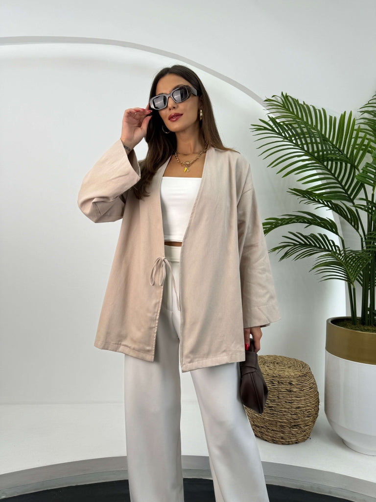 Taş Gabardin Bağlamalı Kimono Ceket