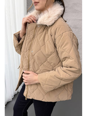 Vizon Yakası Kürklü Kapitone Mont 60559-Vizon