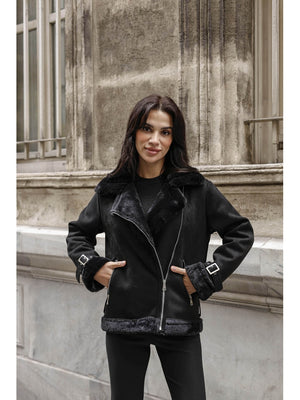 Siyah Kürk Detaylı Nubuk Mont AK2292-Siyah