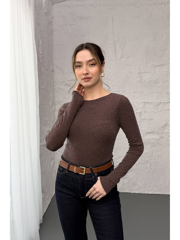 Dilvin Kahve  Kayık Yaka Kaşmir Bluz 10840-Kahve