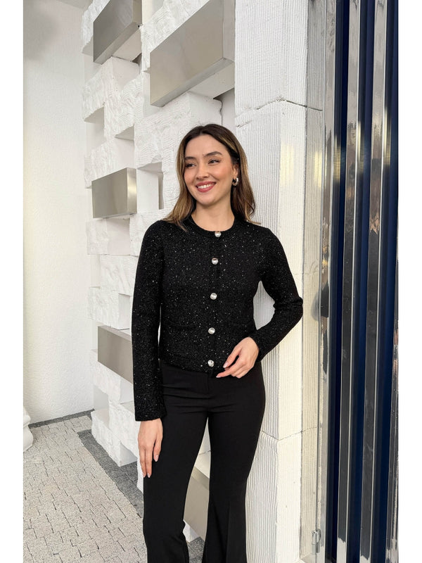 Dilvin Siyah Pullu Gold Düğmeli Triko Hırka 60935-SİYAH