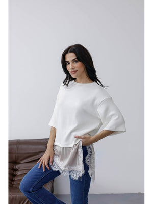 Ekru Eteği Dantelli Triko Bluz 8038-Ekru