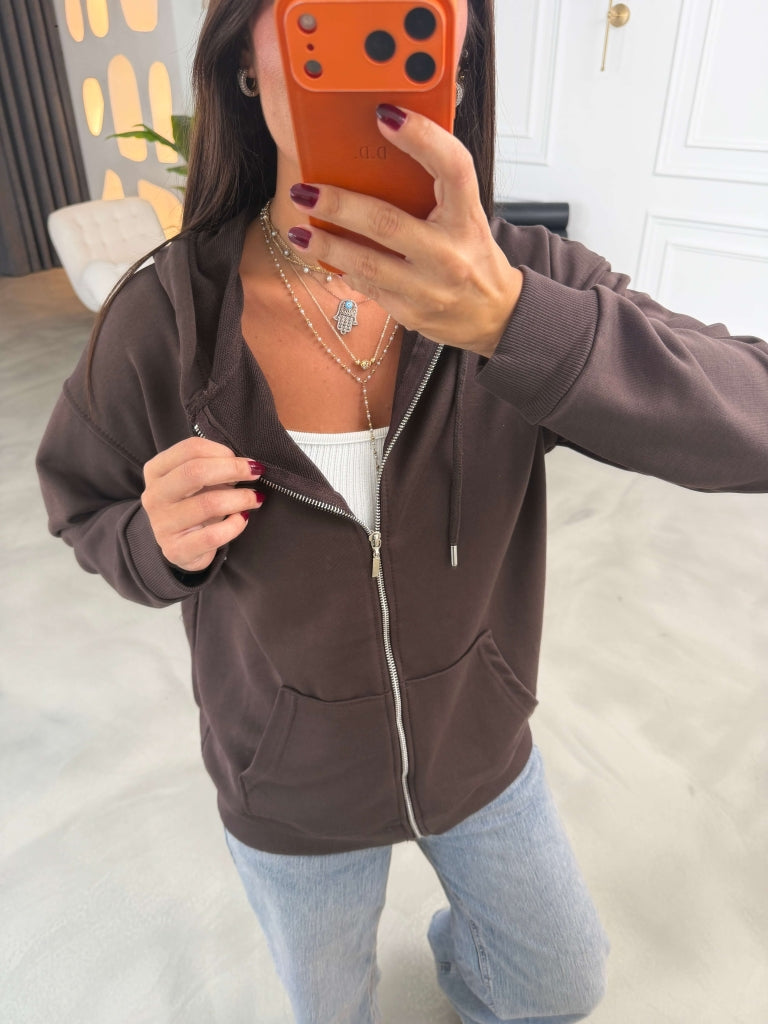 Kahverengi Kapüşonlu Fermuarlı Basic Sweatshirt 4321-Kahverengi