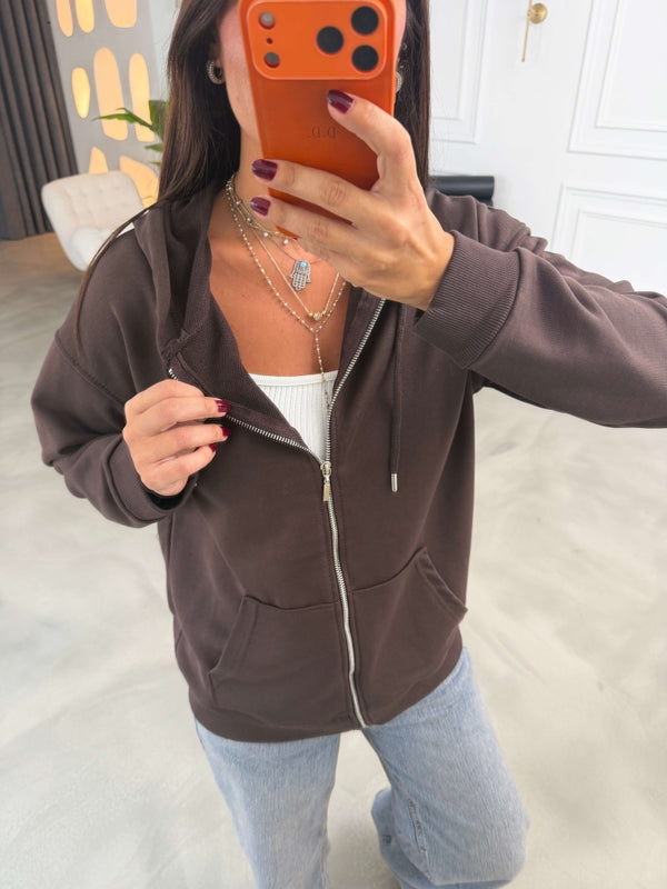 Kahverengi Kapüşonlu Fermuarlı Basic Sweatshirt 4321-Kahverengi