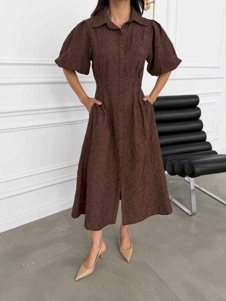Kahverengi Nakışlı Balon Kol Keten Elbise 8275-Kahverengi