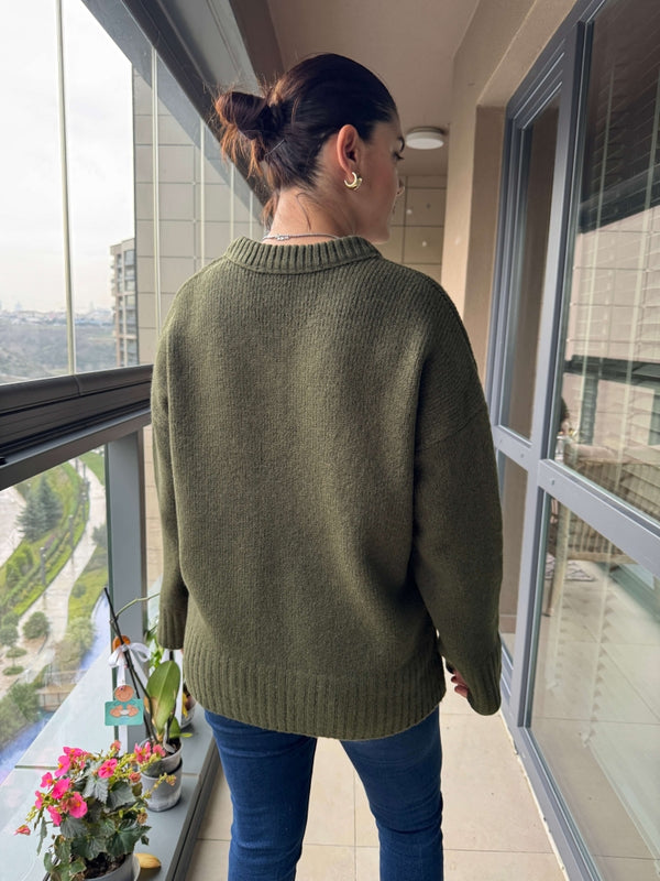 Yeşil V Yaka Oversize Kazak