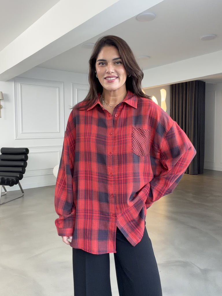 Kırmızı Ekoseli Cepli Oversize Gömlek 5163-Kırmızı