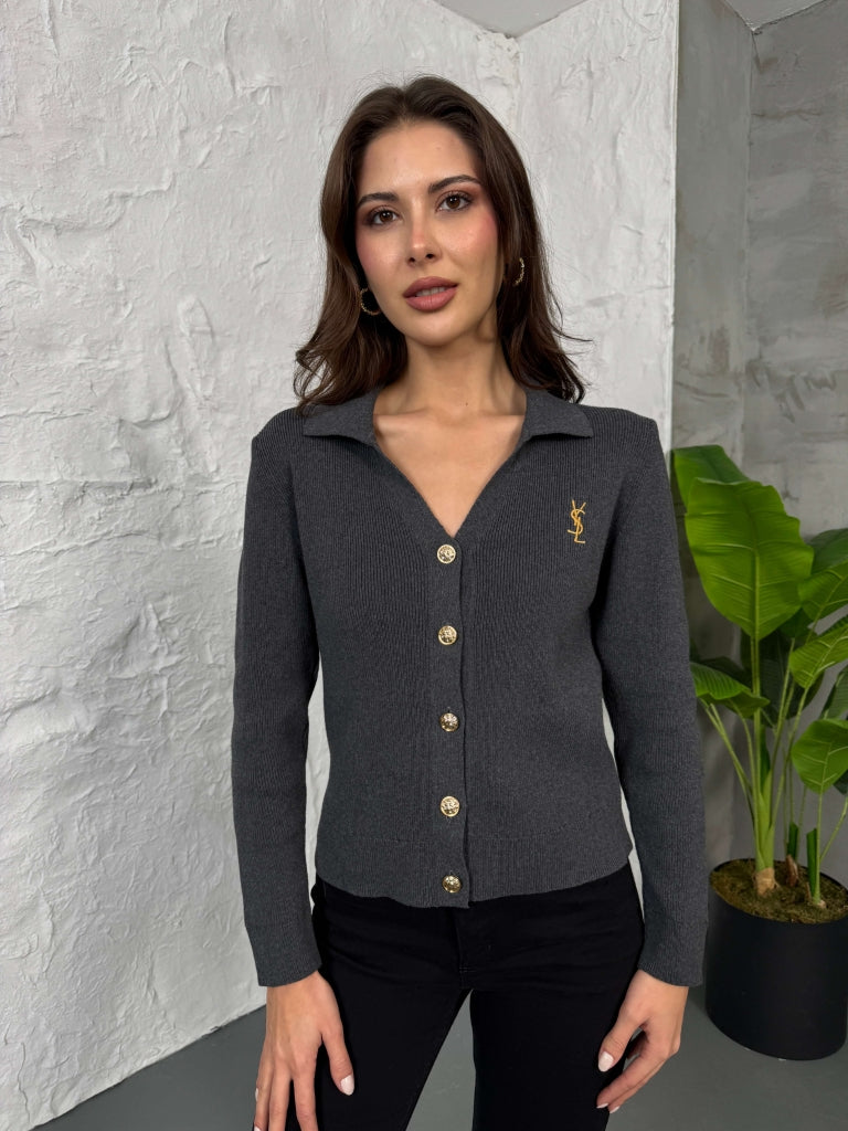 Antrasit Gold Düğmeli Polo Yaka Hırka EM-001-Antrasit