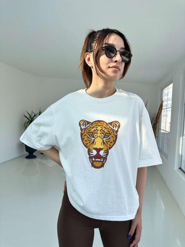 Beyaz Kaplan Nakışlı Premium Tshirt