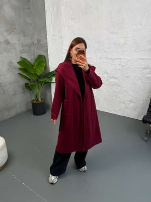 Bordo Kapşonlu Kaşe Kaban 2610-Bordo
