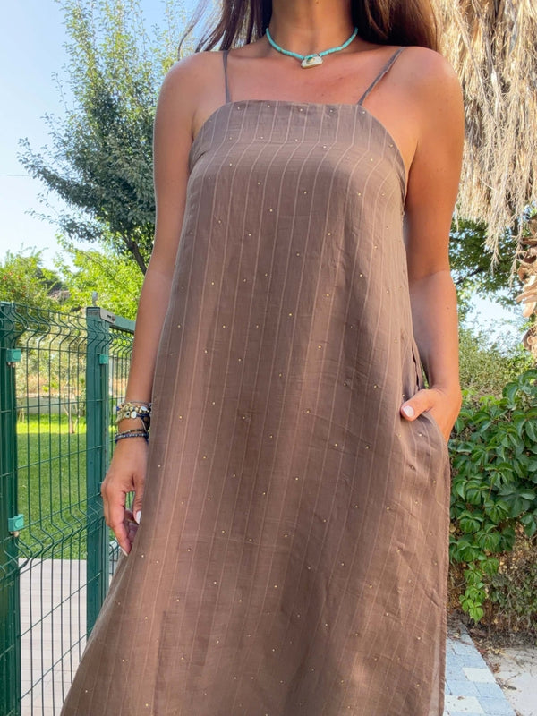 Kahve Serpme Taş Baskılı Askılı Elbise EY3440-Kahve