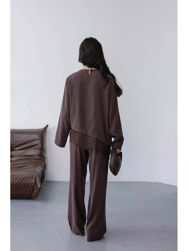 Kahverengi Etek Ucu Dantelli Tencel Takım 2801-Kahverengi