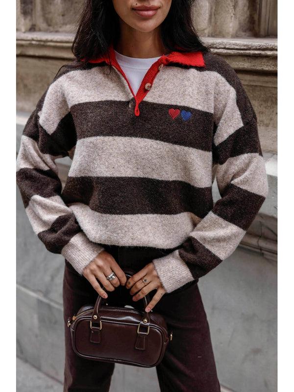 Kahve Polo Yaka Kalp Nakışlı Çizgili Kazak 2632-Kahve
