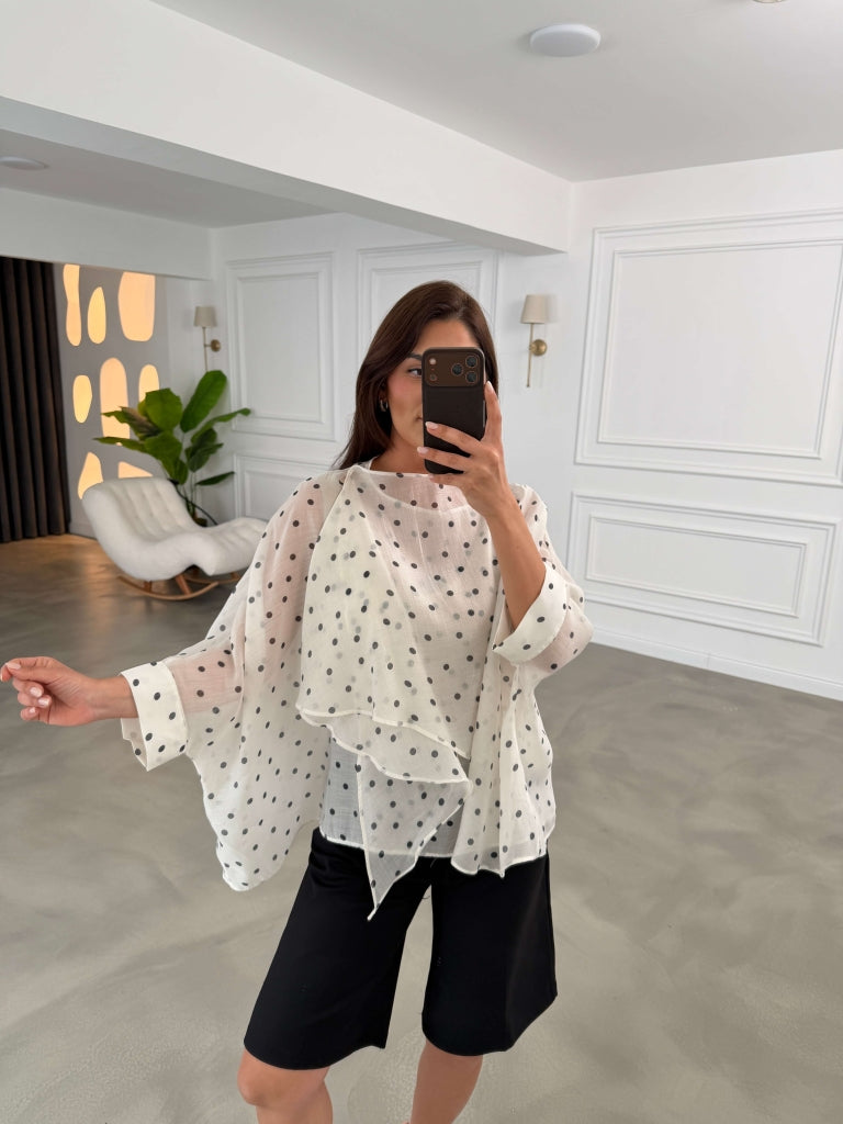 Beyaz Puantiyeli Tencel Pelerin Bluz EY5088-Beyaz
