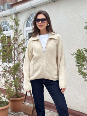 Taş  Polo Yaka Fermuarlı Hırka 2381-Taş