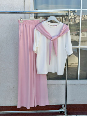 Pembe Fular Detaylı Pantolon Takım 4116-Pembe