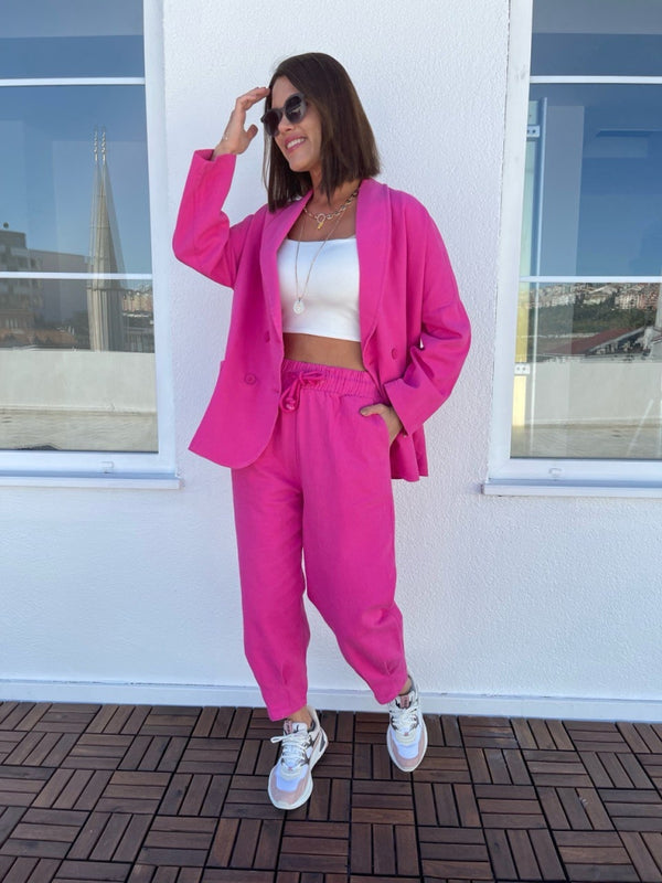 Fuşya Gabardin Oversize Ceket Pantolon Takım 50466-Fuşyaa