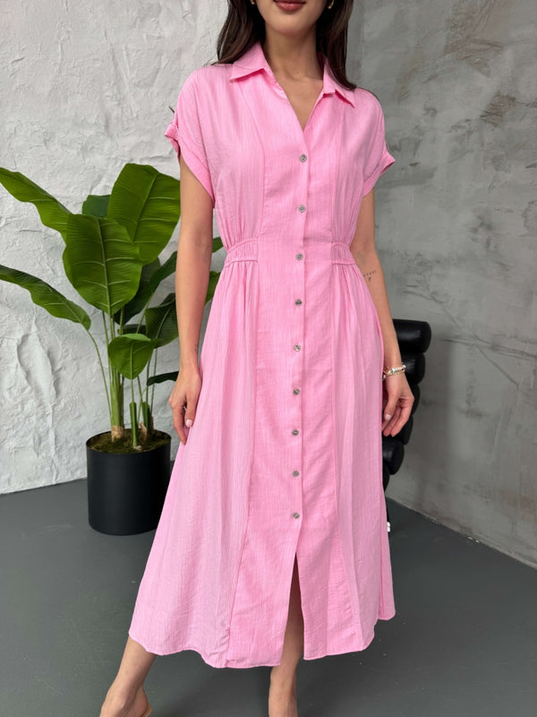 Pembe Bel Lastikli Çilek Elbise 7010-Pembe
