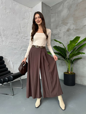 Kahverengi Beli Pilili Tencel Pantolon