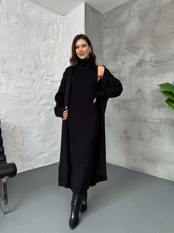 Siyah Elbiseli Hırka Takım 10117-Siyah