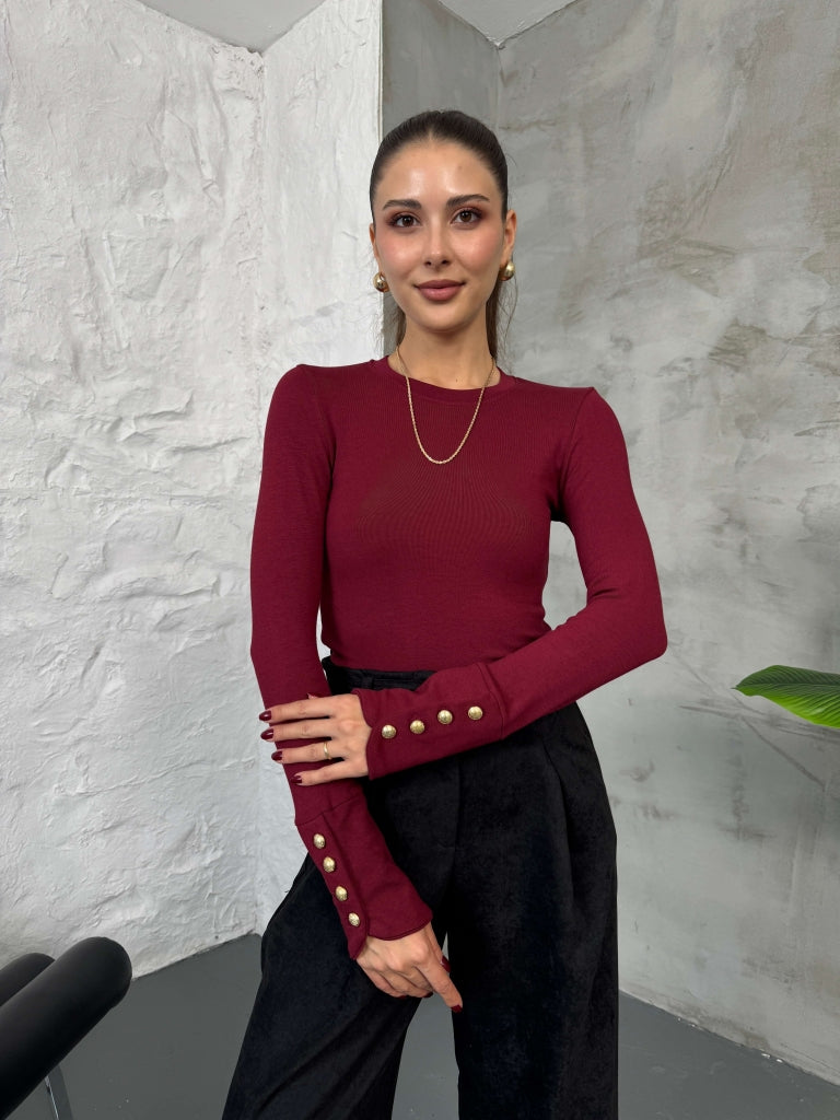 Bordo Kolları Gold Düğmeli Body