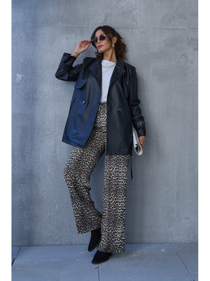 Siyah Kuşaklı Ara Boy Deri Trenç EY2377-Siyah