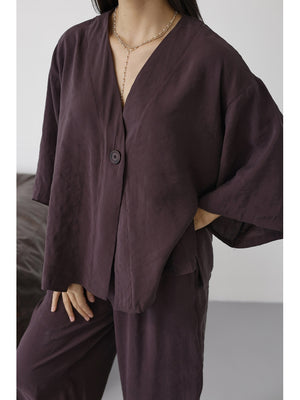 Mürdüm Tek Düğmeli Bluz Pantolon Takım 51189-Mürdüm