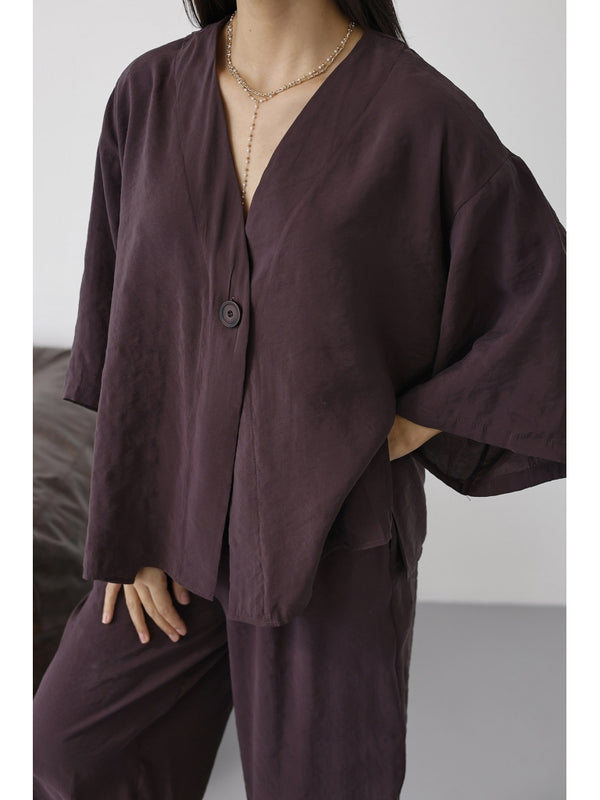 Mürdüm Tek Düğmeli Bluz Pantolon Takım 51189-Mürdüm