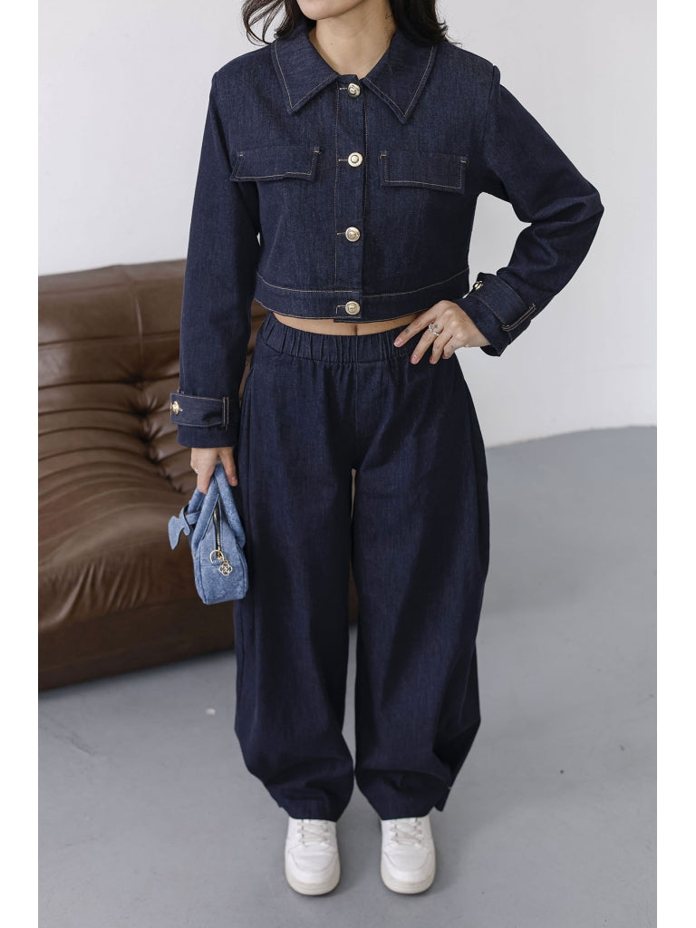 Lacivert Paçası Çıtçıt Detaylı Denim Takım 51244-Lacivert