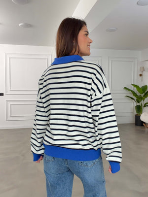 Saks Çizgili Yarım Fermuarlı Triko 2757-Saks