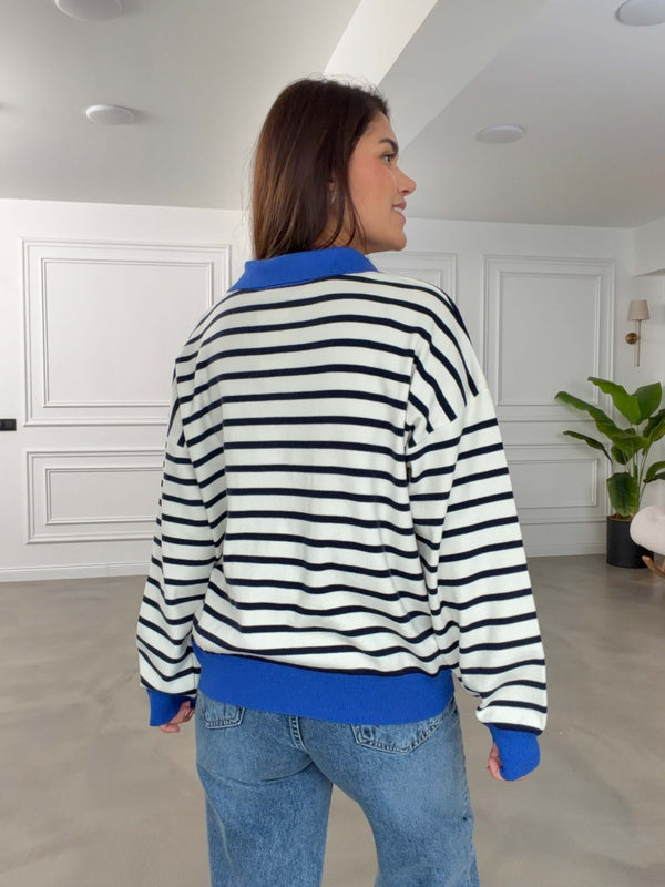 Saks Çizgili Yarım Fermuarlı Triko 2757-Saks