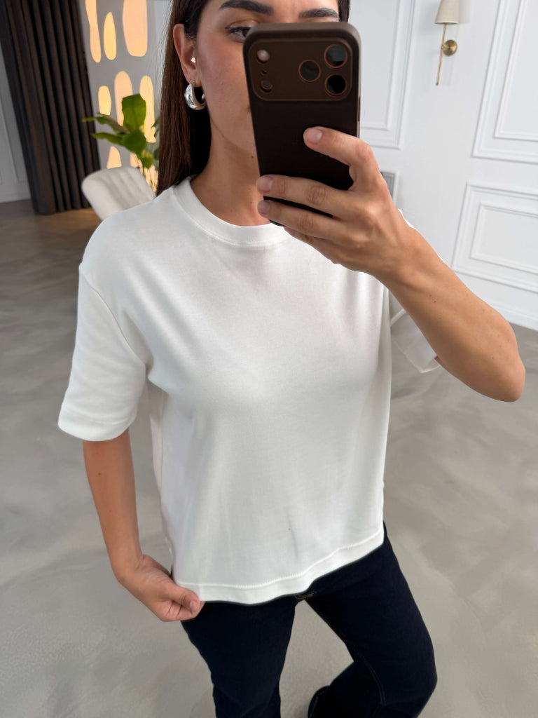 Beyaz Bisiklet Yaka Basıc Tshirt 6597-Beyaz