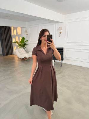 Kahve Polo Yaka Pensli Modal Elbise 4129-Kahve