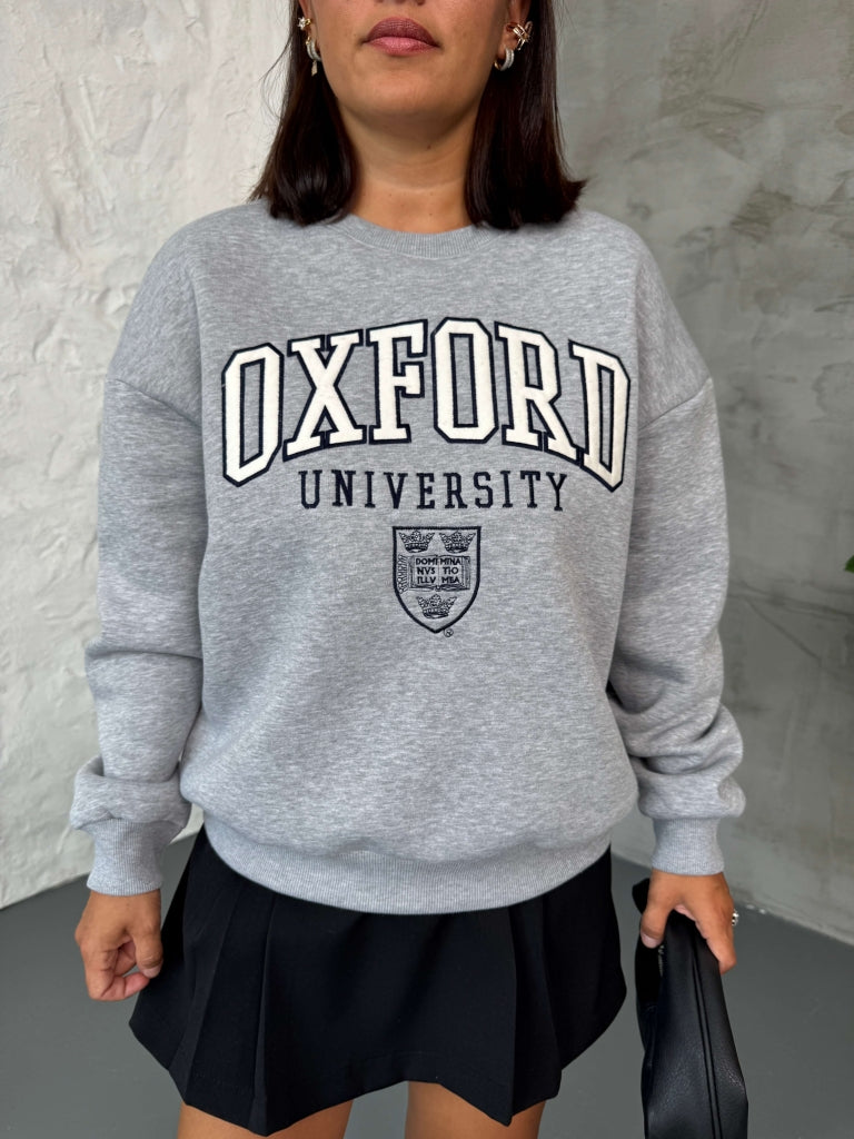 Gri Oxford Nakışlı Bisiklet Yaka Sweat